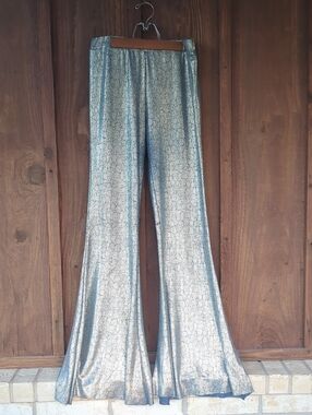 Silver Metallic Flare Pants with Subtle Crackle Texture